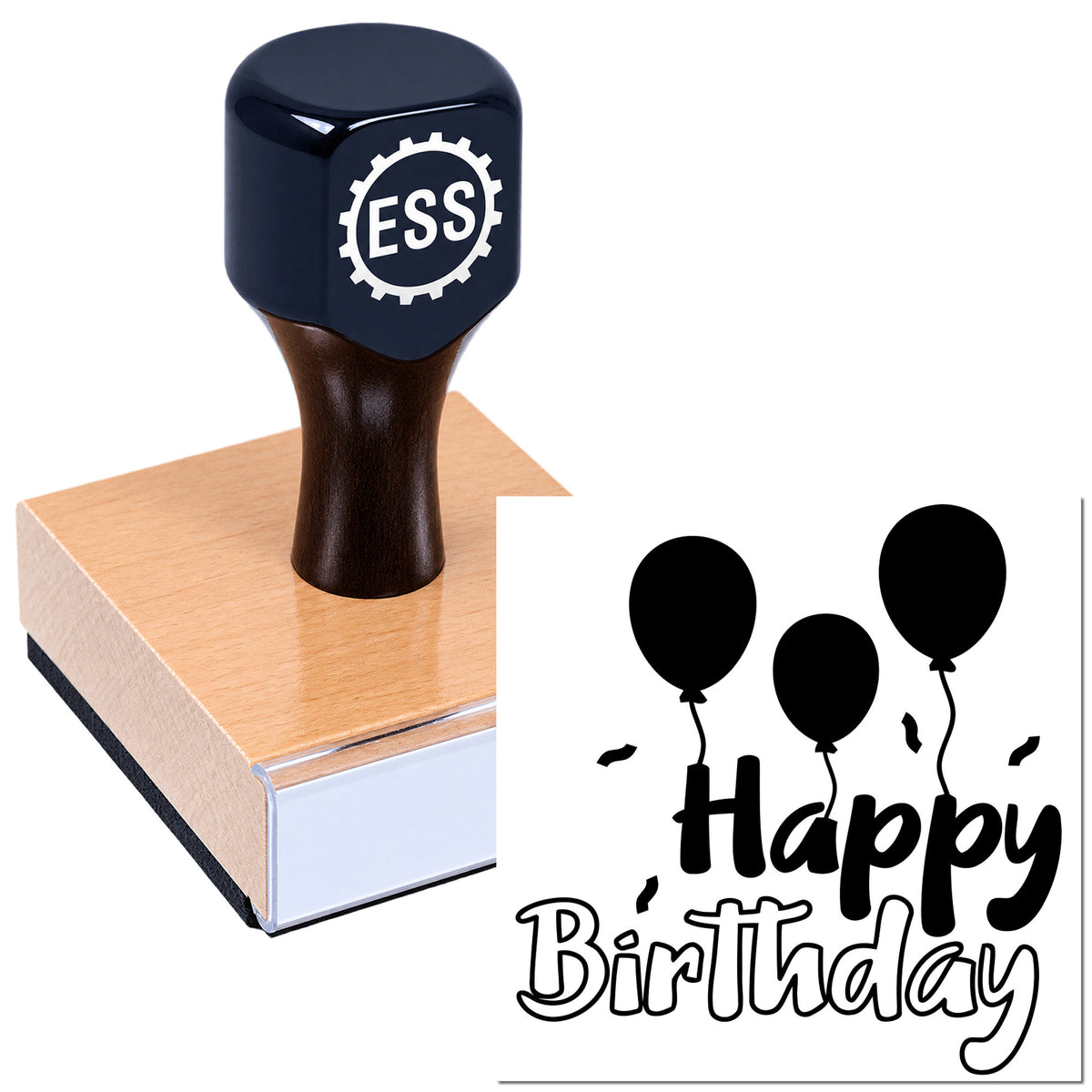 Black ESS rubber stamp on orange seal block beside black Happy Birthday balloon graphic.