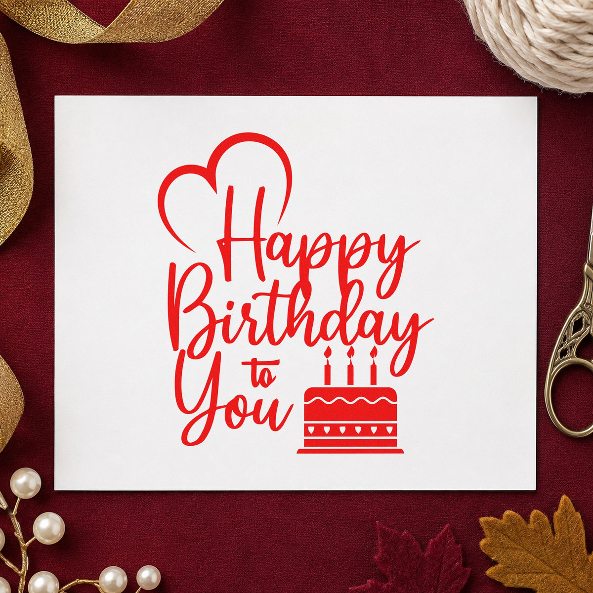 Birthday To You Cake rubber stamp shown in red ink, stamped for projects such as bin route labels.