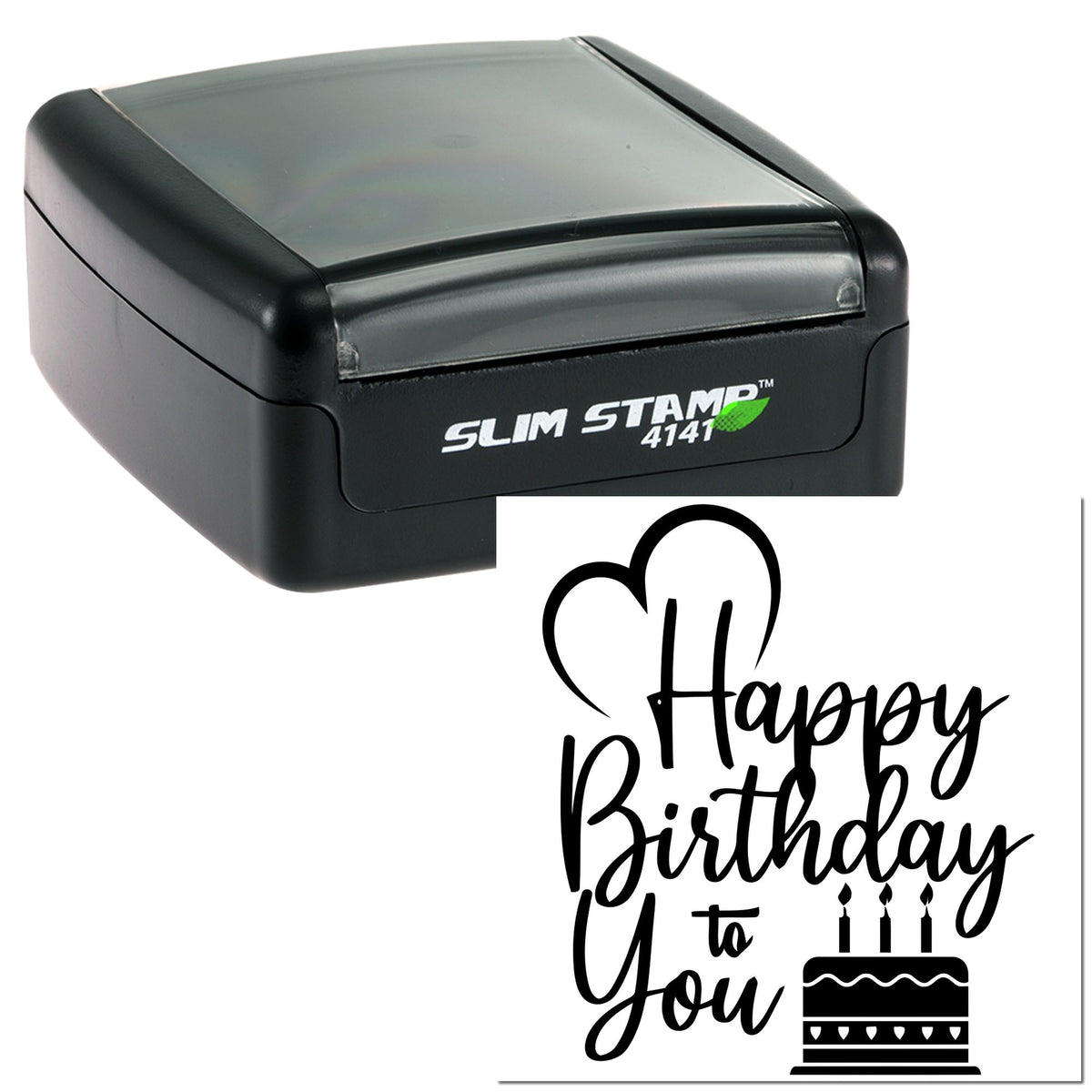 Black and gray Slim Stamp 4141 self-inking stamp with Happy Birthday seal design and cake icon on white background.