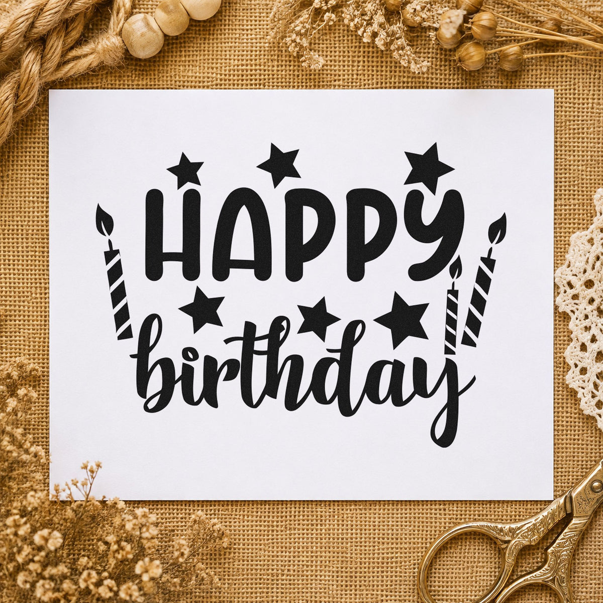 Birthday Stars And Candles craft stamp imprint in black ink on a handmade project, one idea being candle gift tags.