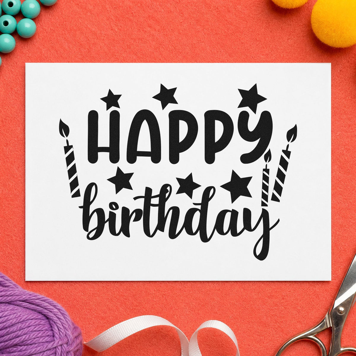Birthday Stars And Candles rubber stamp printed in black ink, ready for pour record sheet and similar paper crafts.