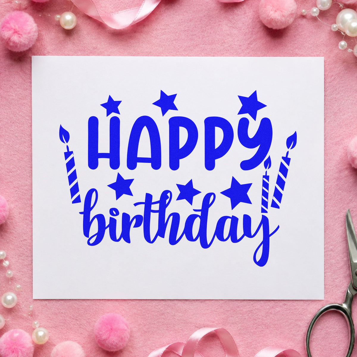 Birthday Stars And Candles craft stamp imprinted in blue ink on paper, a design suited to framed cure rack.