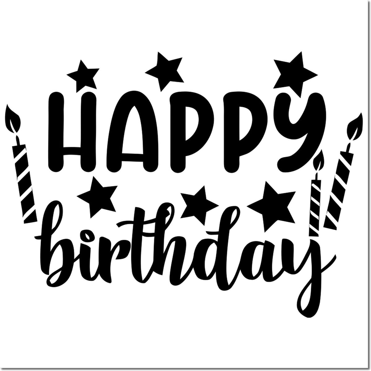 Black Happy Birthday stamp and seal design with stars and striped candles on a white background.