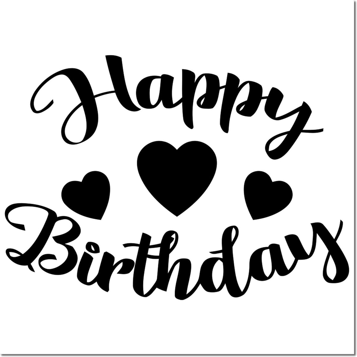 Black Happy Birthdays stamp and seal design with three hearts on white background.