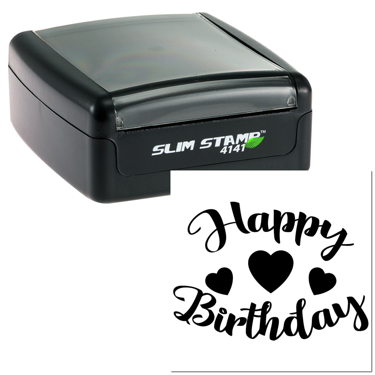 Black Slim Stamp 4141 with gray lid and white birthday seal design featuring black script and heart accents.