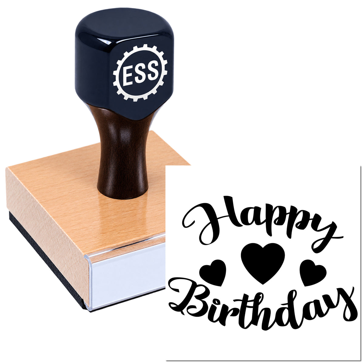 Black ESS rubber stamp on wood block with "Happy Birthdays" script and heart seal design.
