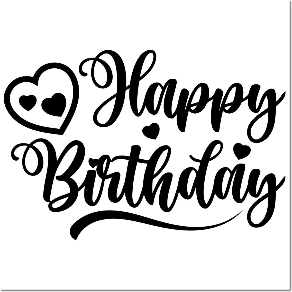 Black Happy Birthday stamp seal in script with hearts and decorative swash on a white background.