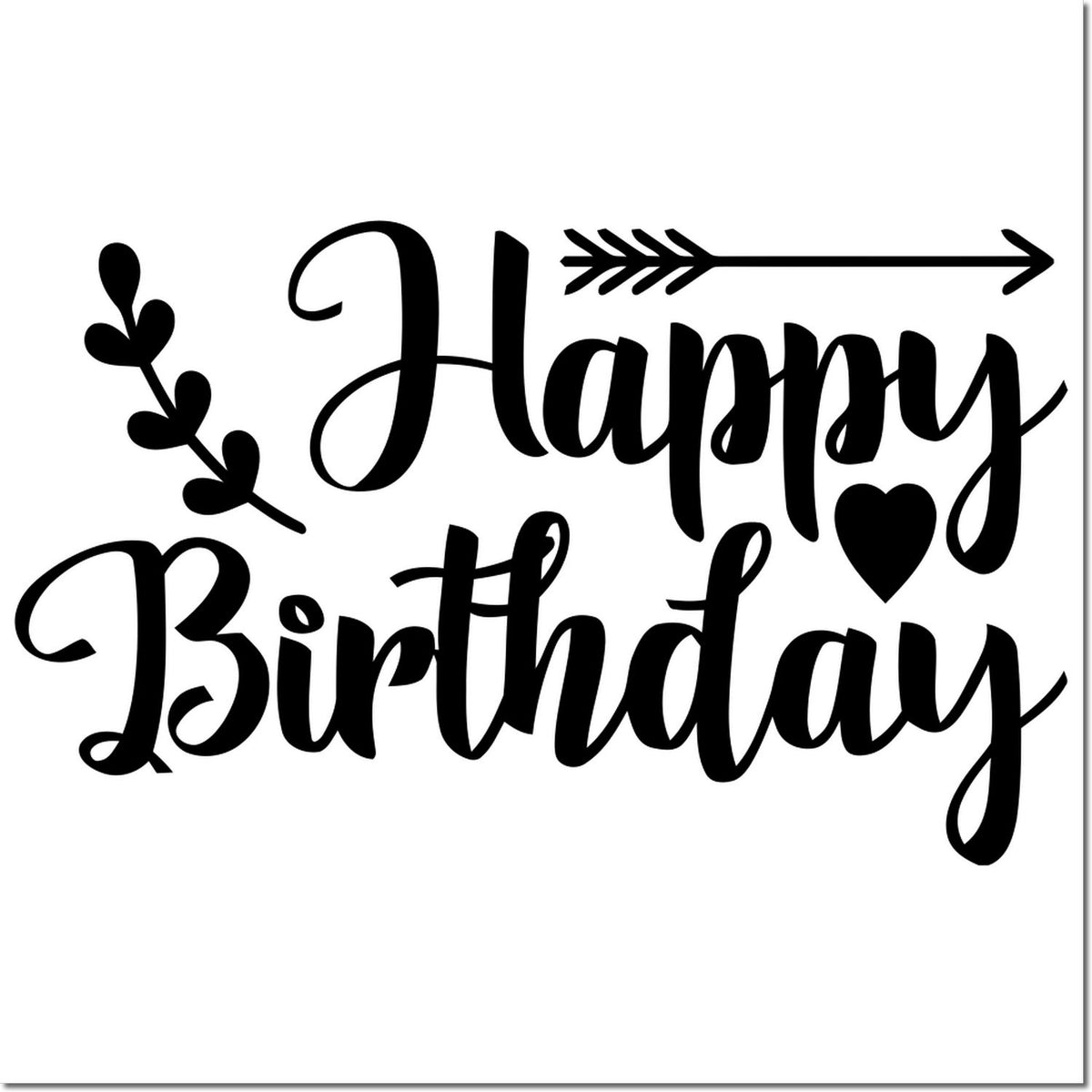 Black Happy Birthday stamp design with heart, leaf branch, and arrow in bold black on a white background.