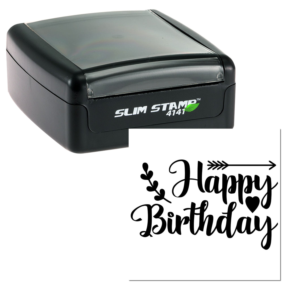 Black Slim Stamp 4141 self-inking stamp and white Happy Birthday seal design