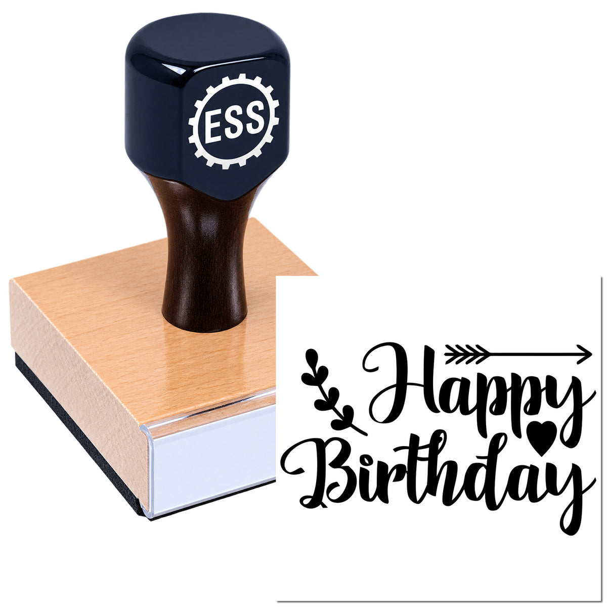 Black ESS custom stamp and seal on pink base, showing "Happy Birthday" in black script with heart and arrow.