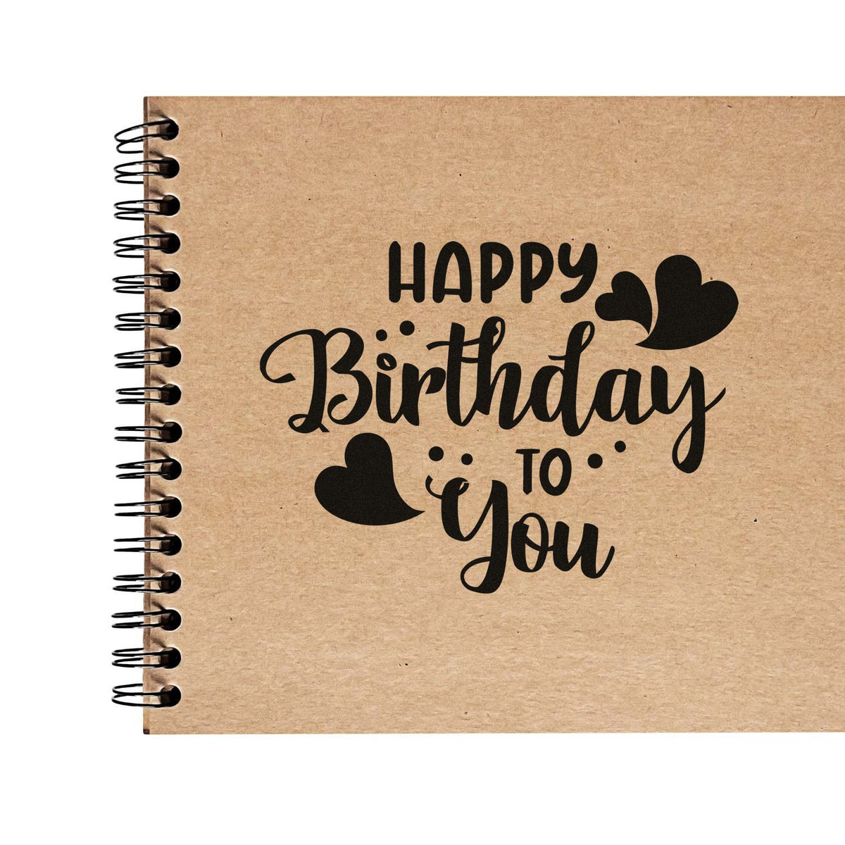 Black Happy Birthday to You stamp and seal design on a kraft spiral notebook cover with heart accents.
