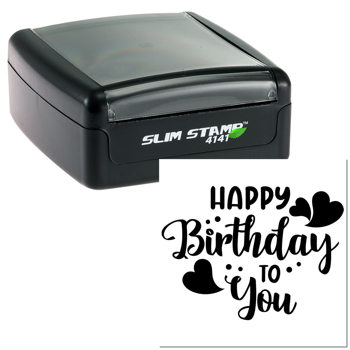 Black slim self-inking stamp with Happy Birthday seal design and heart accents on white background.