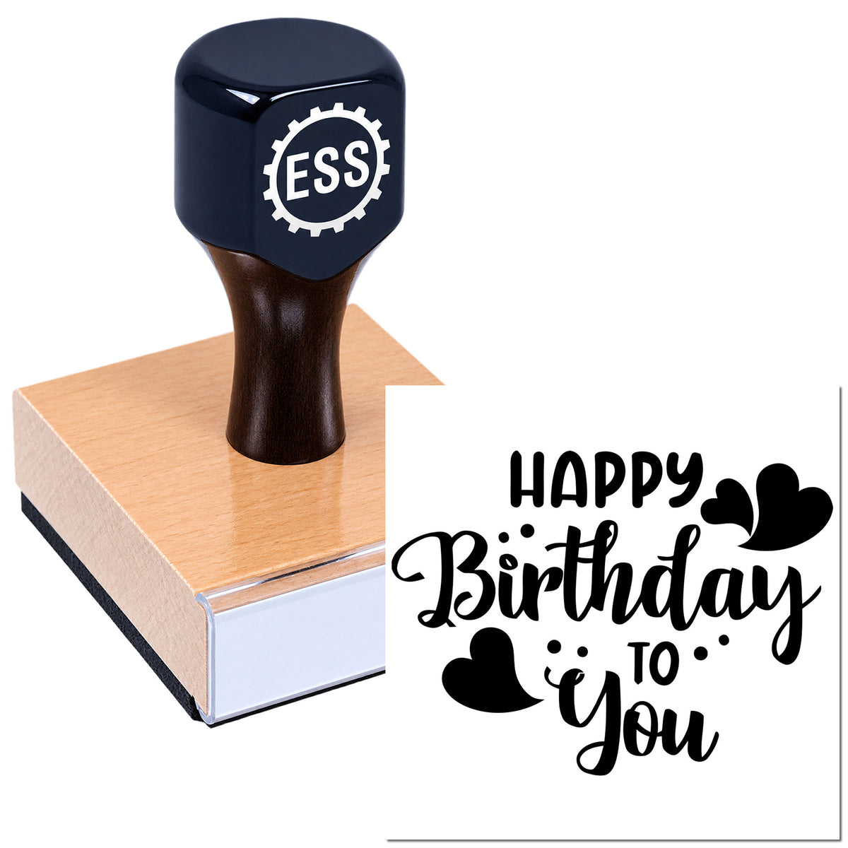 Navy ESS rubber stamp on wooden block, with black "Happy Birthday To You" seal and heart accents.