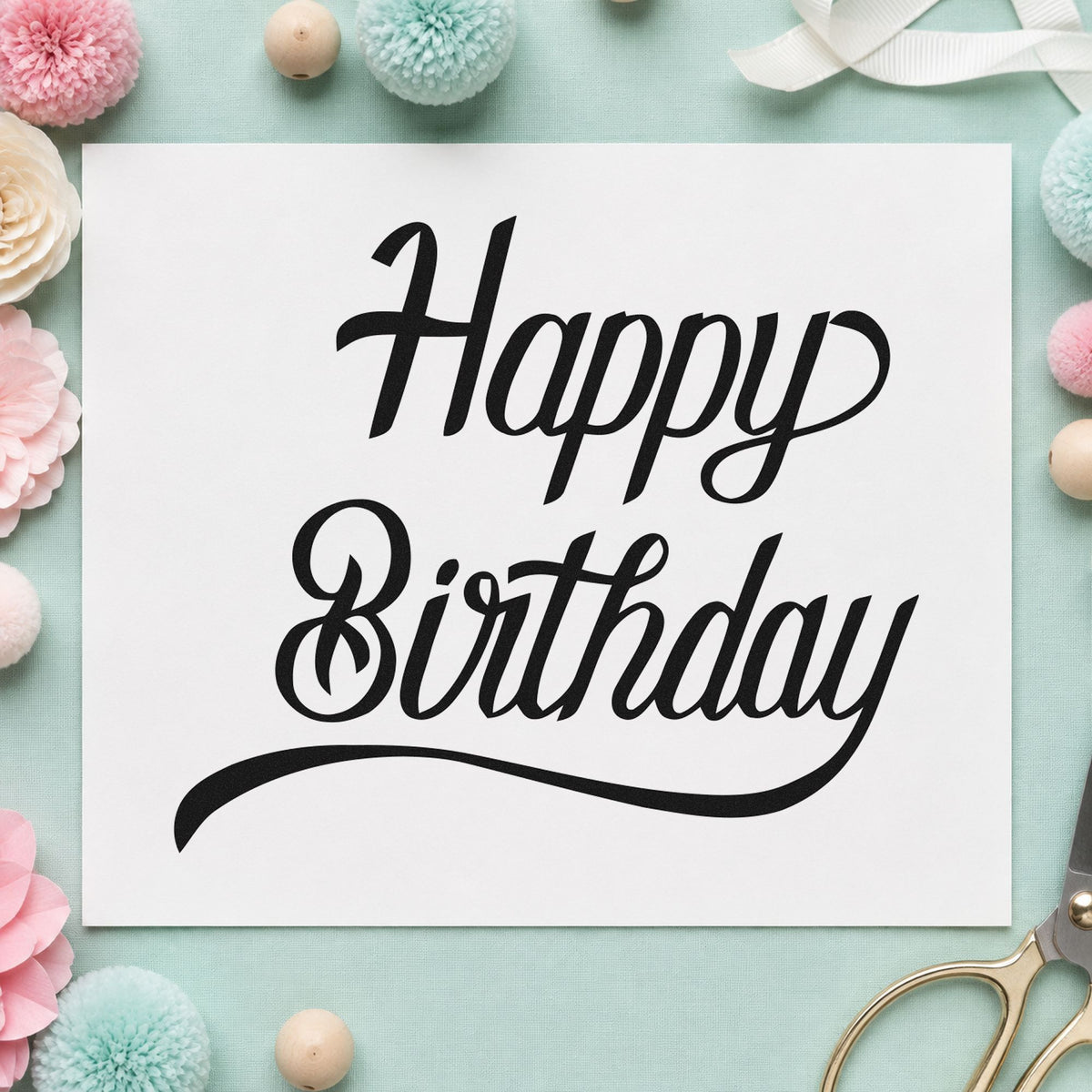 Happy Birthday Long Underline craft stamp in black ink on cardstock, an easy option for print year album page.