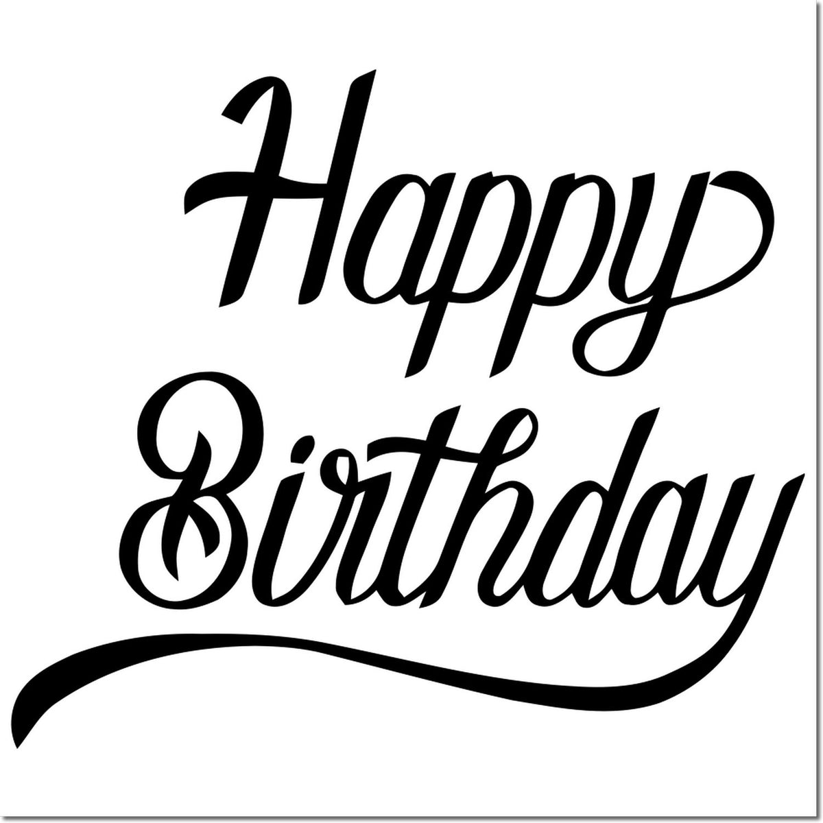 Black cursive Happy Birthday stamp/seal design with flowing underline on a white background.