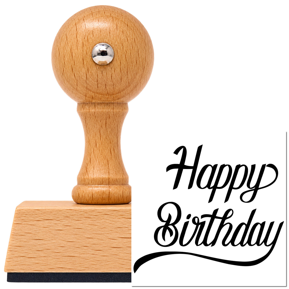 Vintage Pro beech wood stamp with a round knob handle, shown with its black Happy Birthday Long Underline imprint on white.