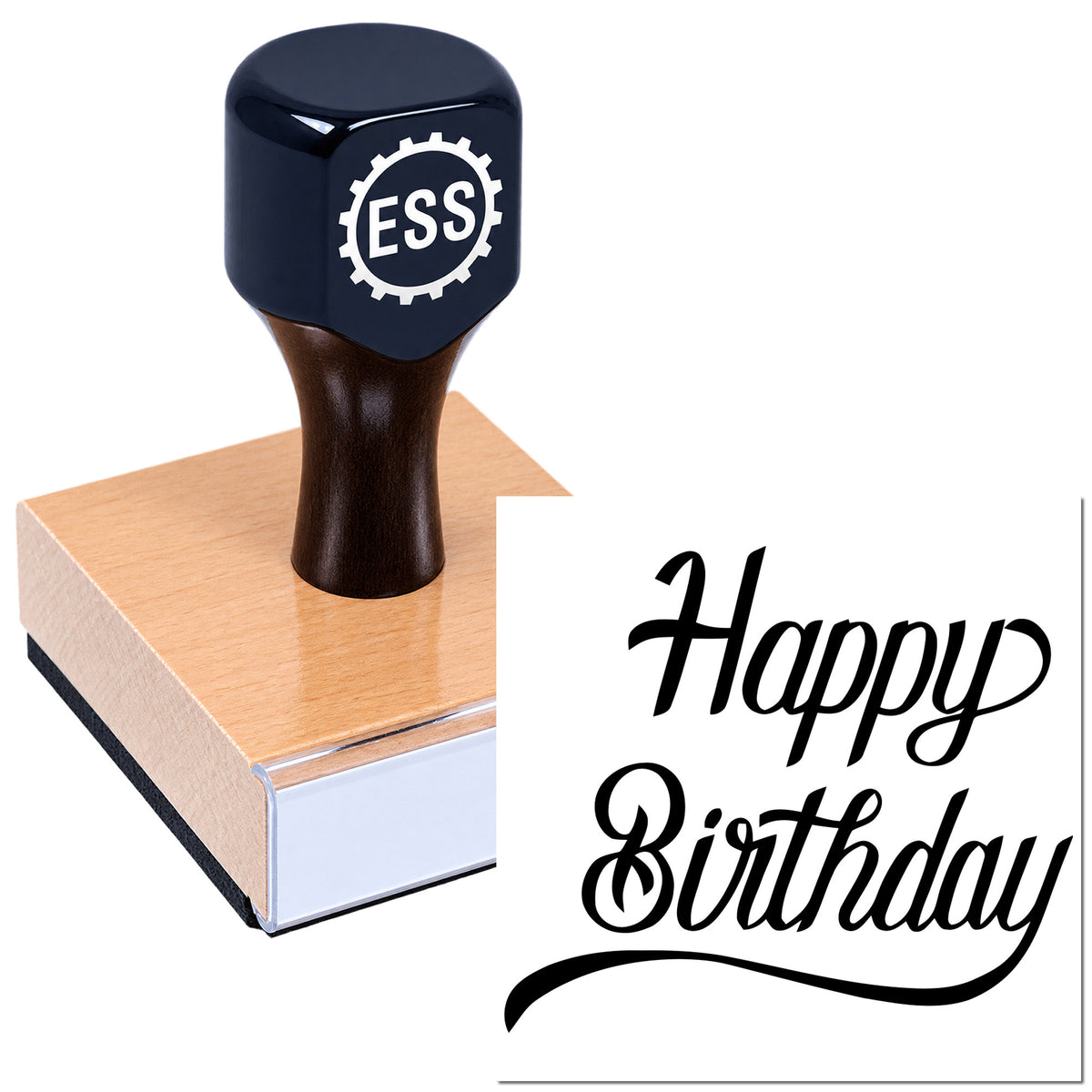 Black custom ESS stamp and seal on copper base, with "Happy Birthday" in black script.