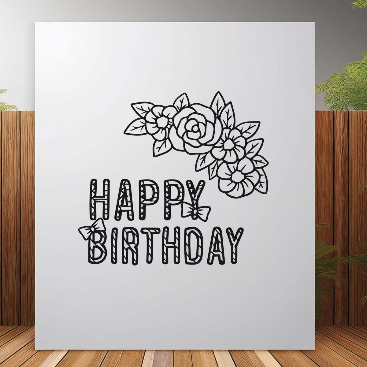 Black floral Happy Birthday stamp and seal design on white card, with ornate lettering and flower bouquet seal.