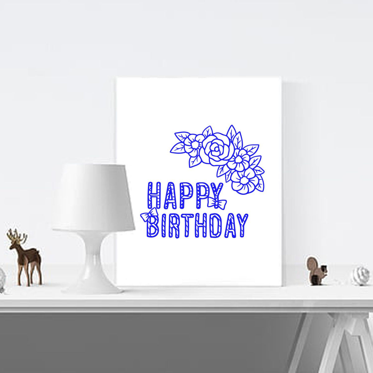 Blue floral Happy Birthday stamp design with butterflies on a white background for seal and stamp products
