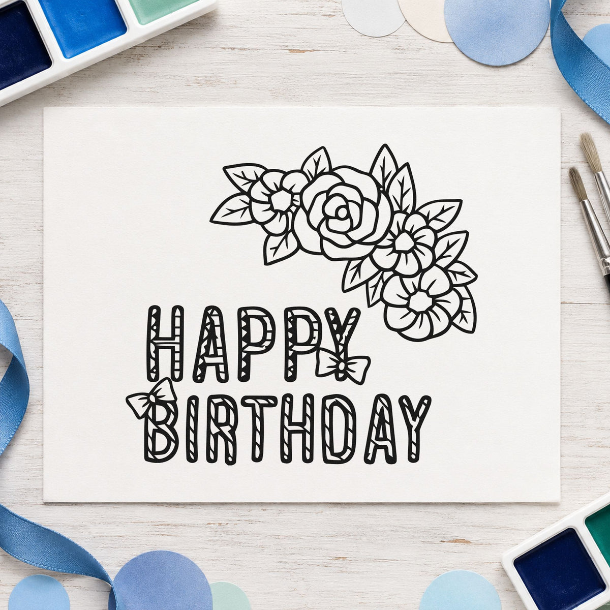 Floral Happy Birthday Butterflies craft stamp imprint in black ink on a handmade project, one idea being seed packet tags.