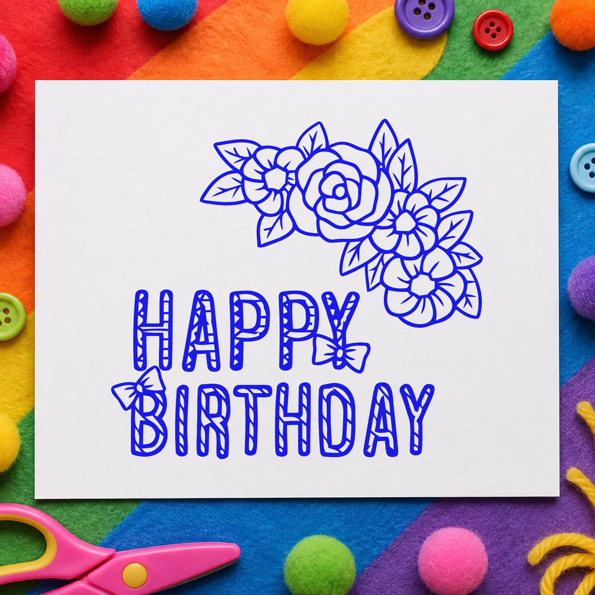 Floral Happy Birthday Butterflies craft stamp in blue ink on cardstock, an easy option for picnic cloth printing.