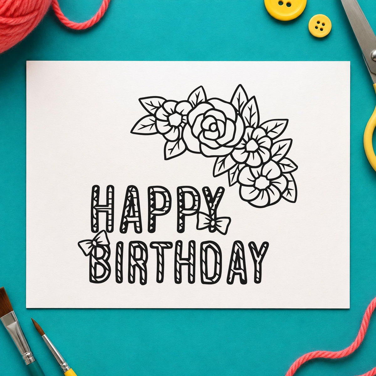 Floral Happy Birthday Butterflies rubber stamp printed in black ink, ready for flower spray cards and similar paper crafts.