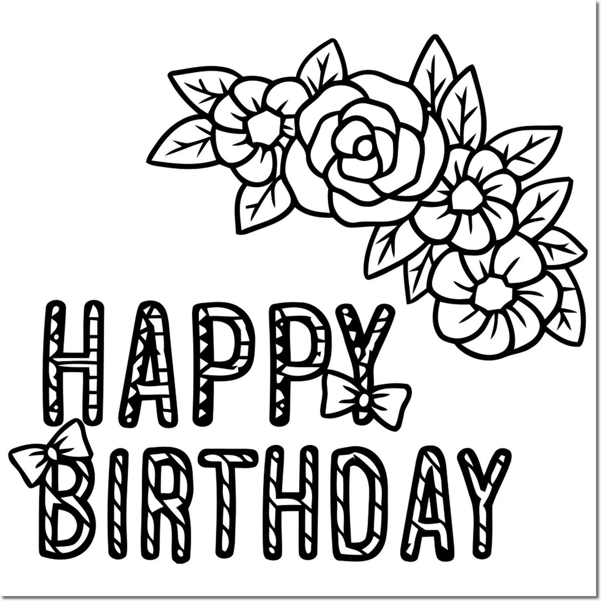 Black-and-white Happy Birthday stamp and seal design with floral corner accents and decorative outlined lettering.