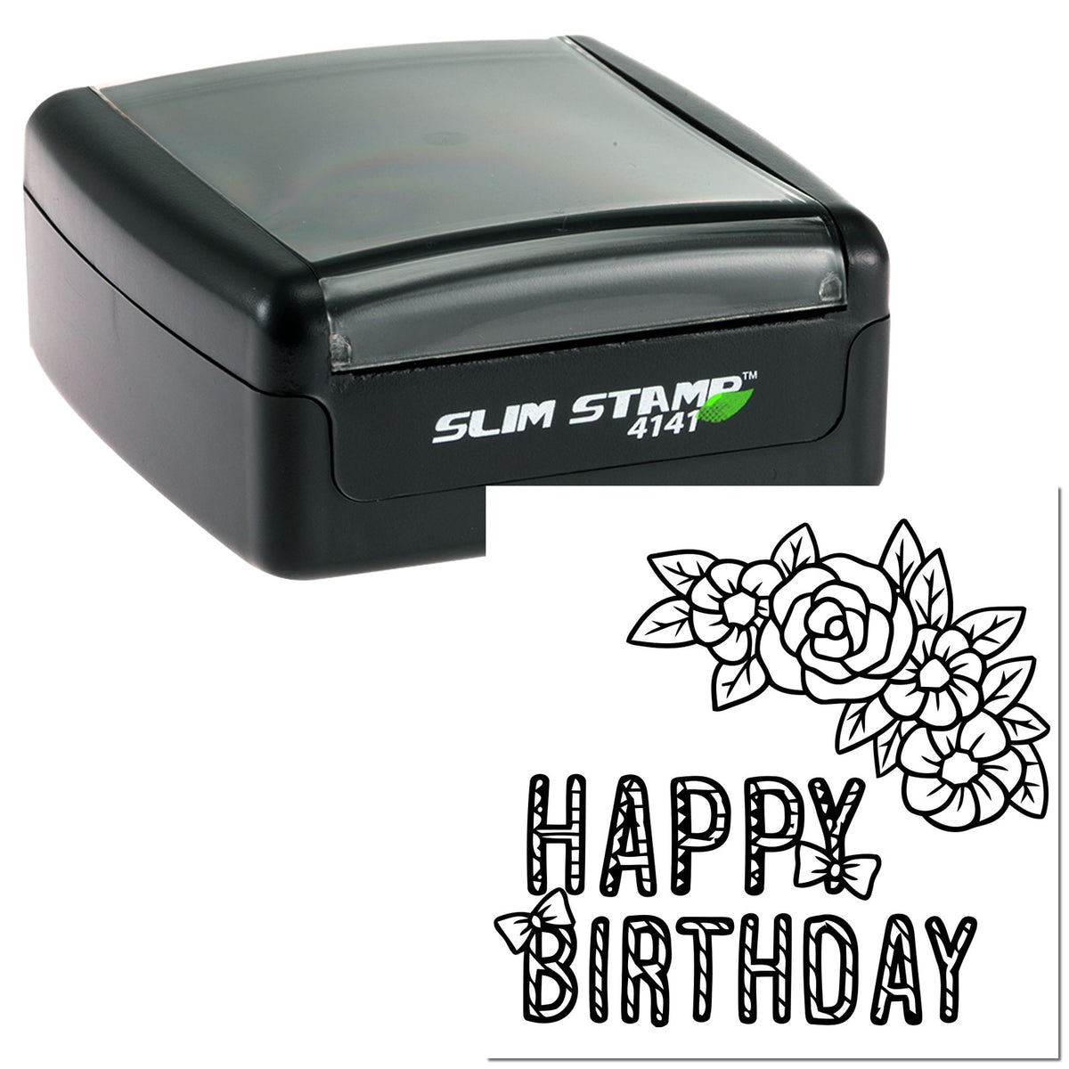 Black slim self-inking stamp and floral Happy Birthday seal with bold lettering on white background