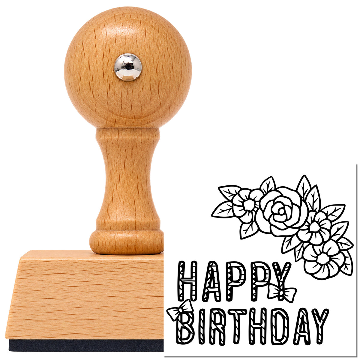 Vintage Pro beech wood stamp with a round knob handle, shown with its black Floral Happy Birthday Butterflies imprint on white.
