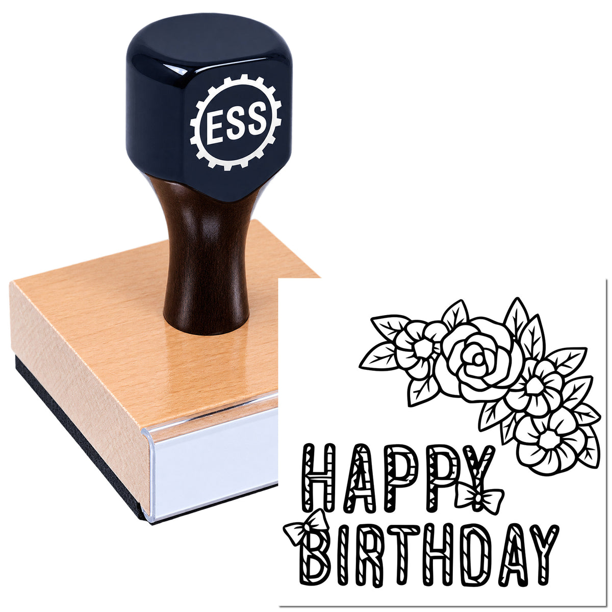 Custom navy rubber stamp on wooden base with black floral "Happy Birthday" seal design