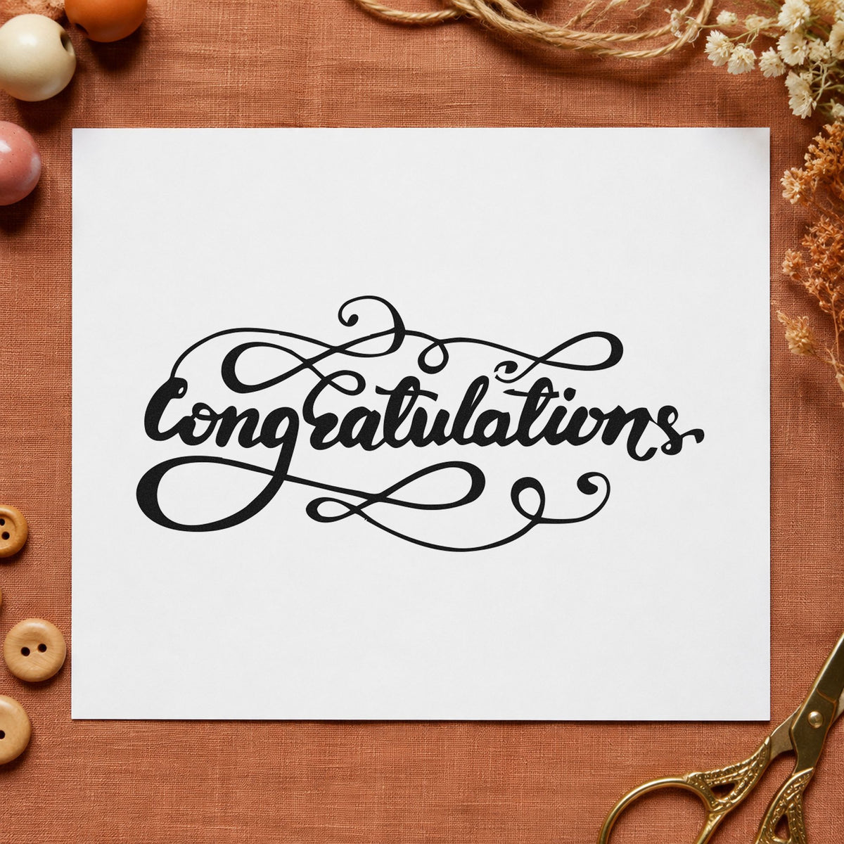 Congratulations Ornate Flourishes craft stamp in black ink on cardstock, an easy option for new job album page.