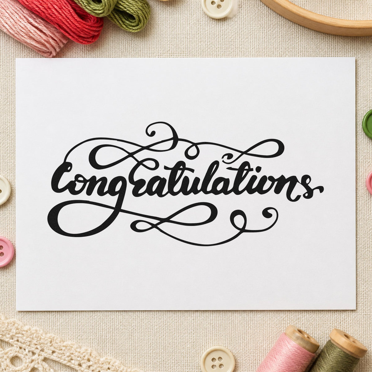 Congratulations Ornate Flourishes rubber stamp printed in black ink, ready for first month sheet and similar paper crafts.