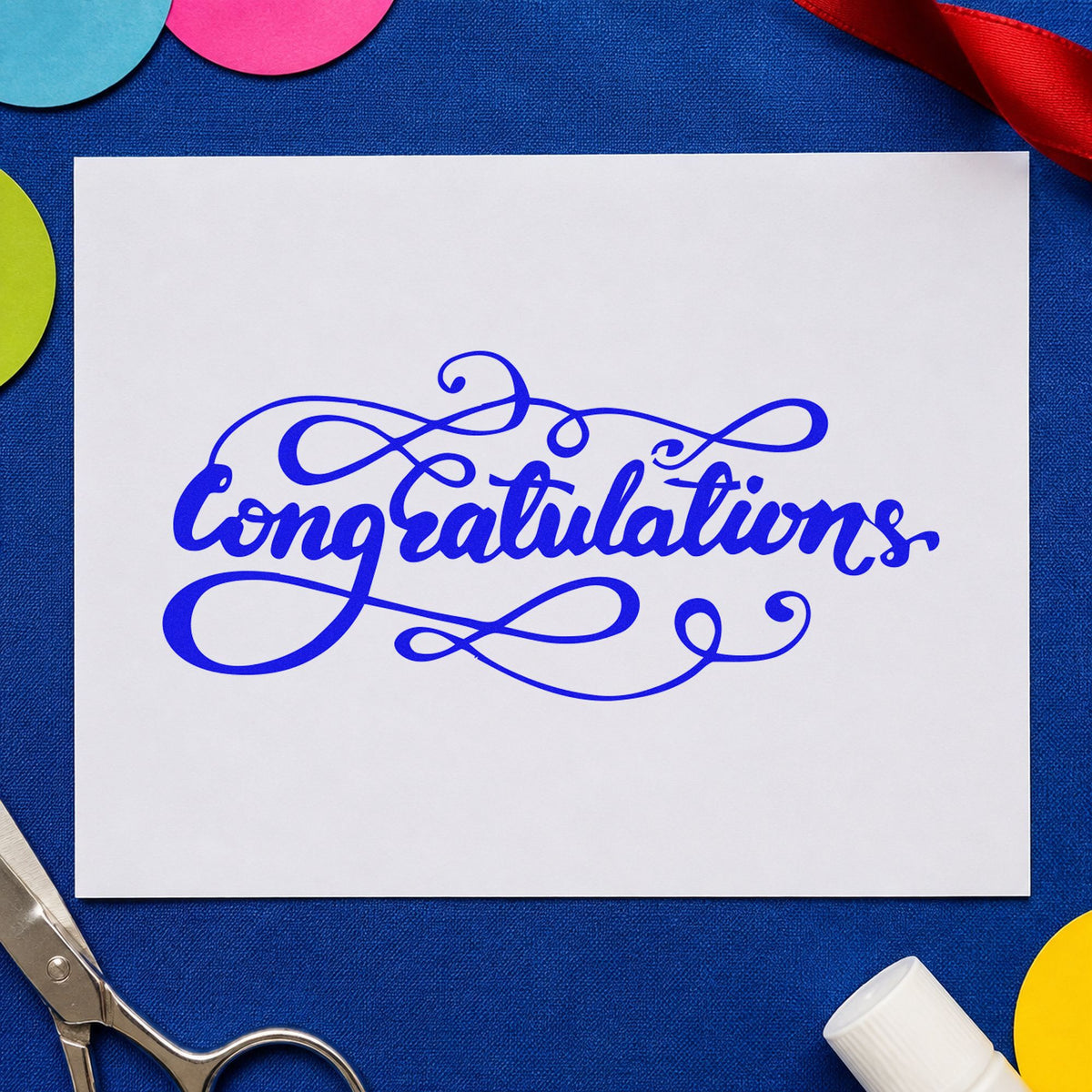 Congratulations Ornate Flourishes craft stamp in blue ink on cardstock, an easy option for laptop sleeve printing.