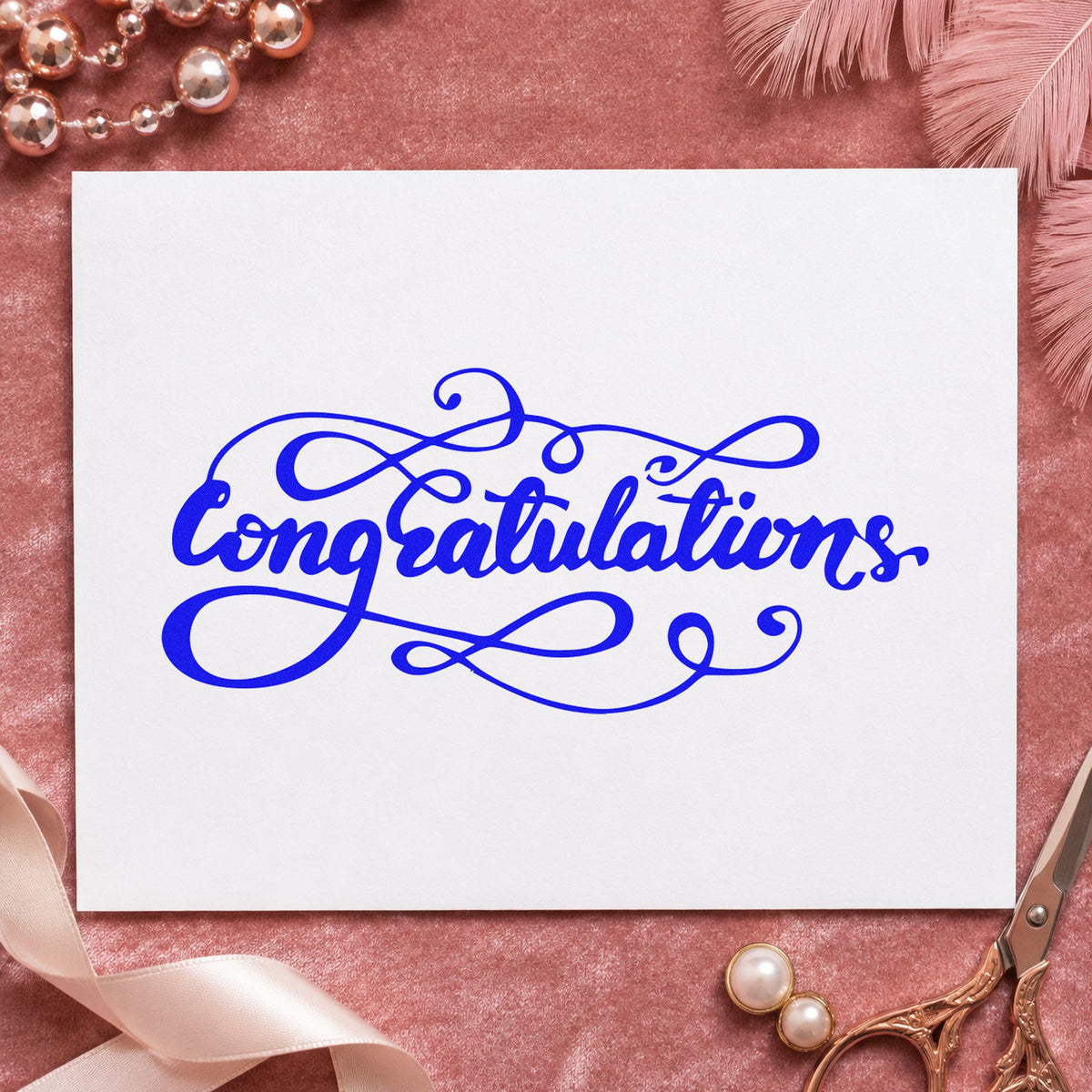 Congratulations Ornate Flourishes craft stamp imprinted in blue ink on paper, a design suited to framed home hall.