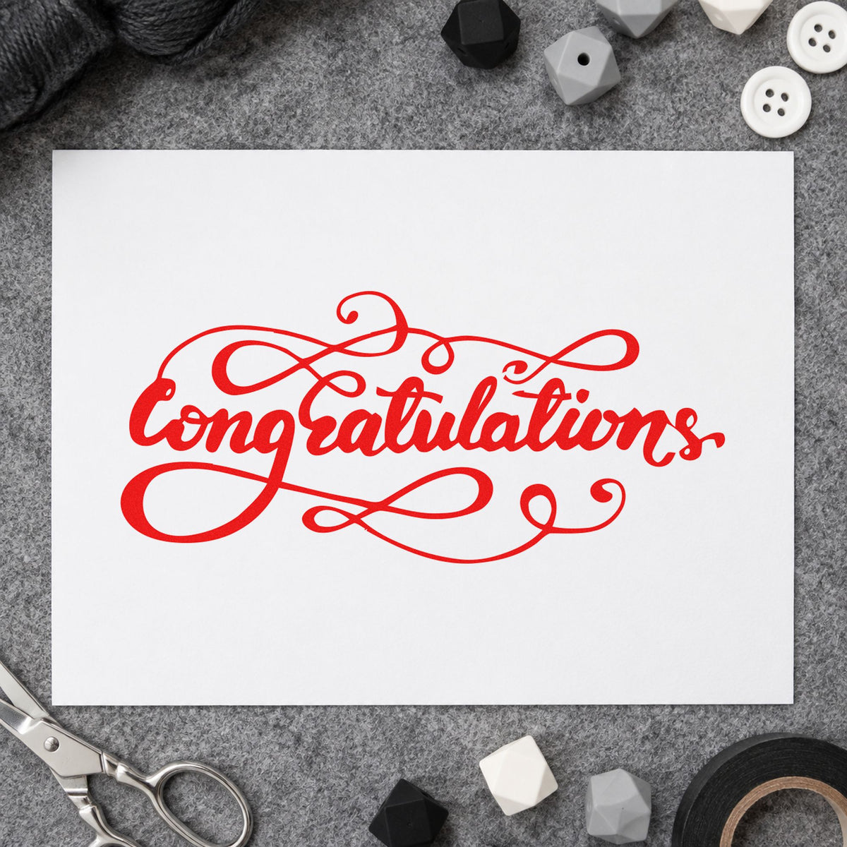 Congratulations Ornate Flourishes rubber stamp shown in red ink, stamped for projects such as bin paper labels.