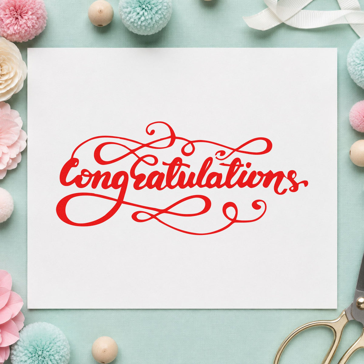 Congratulations Ornate Flourishes craft stamp imprint in red ink on a handmade project, one idea being contact note cards.
