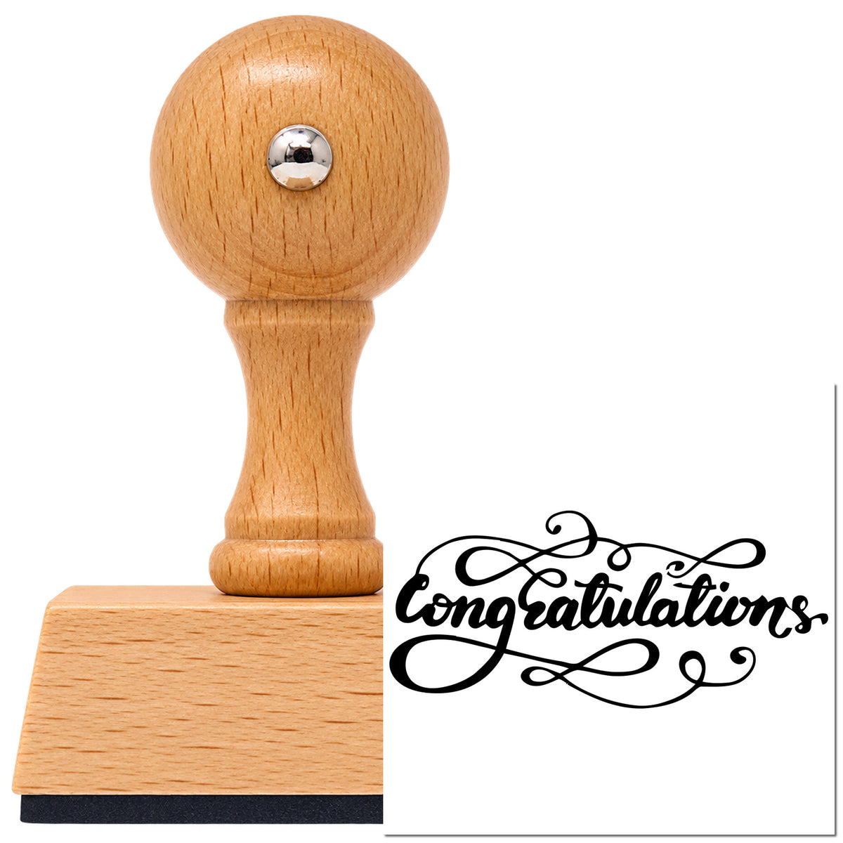 Vintage Pro beech wood stamp with a round knob handle, shown with its black Congratulations Ornate Flourishes imprint on white.