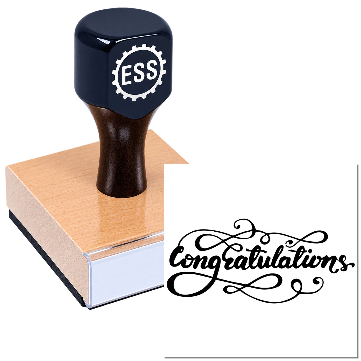 Dark blue ESS rubber stamp on wooden block with elegant black "Congratulations" seal design