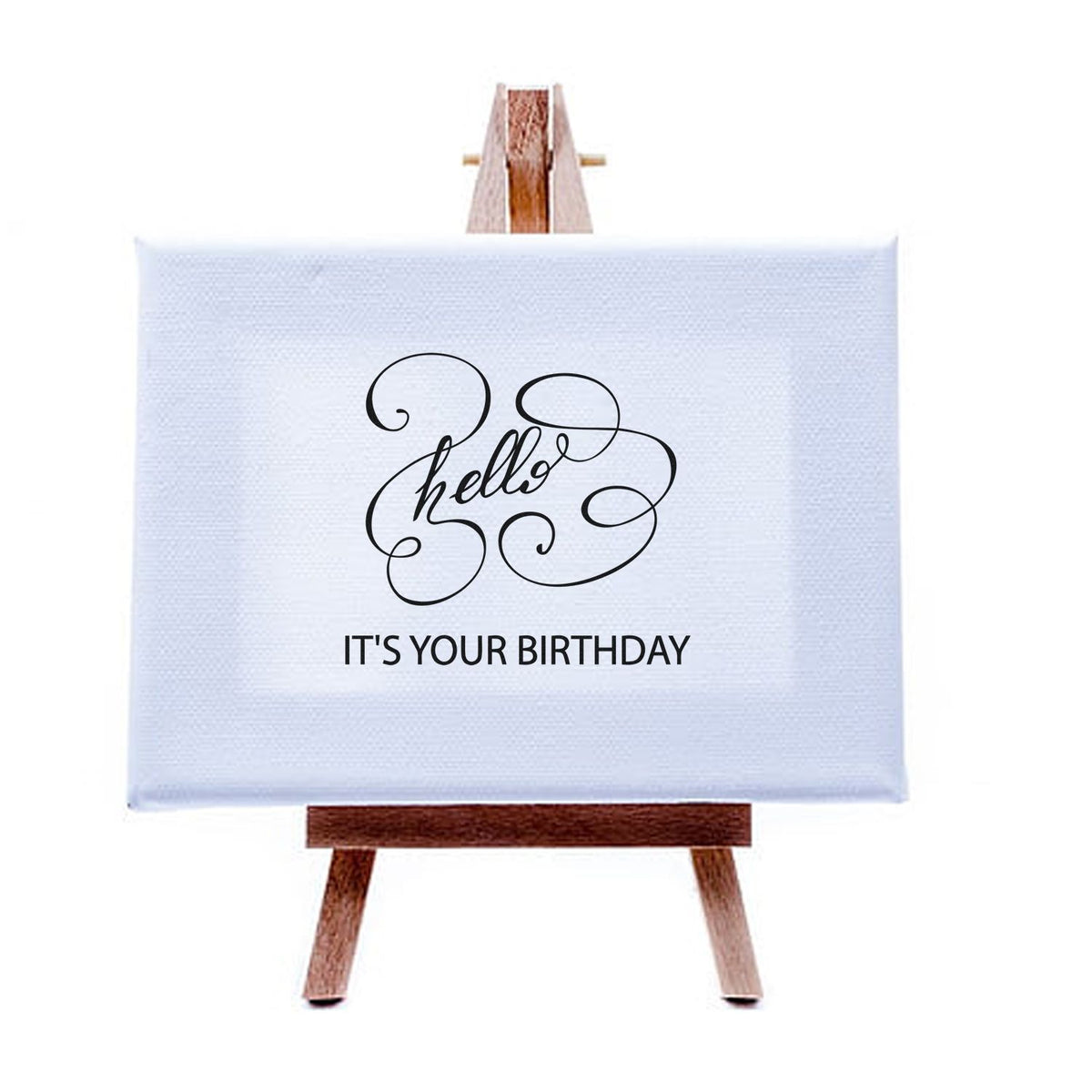 Light blue birthday stamp seal on wooden easel with black hello script and ITS YOUR BIRTHDAY text.