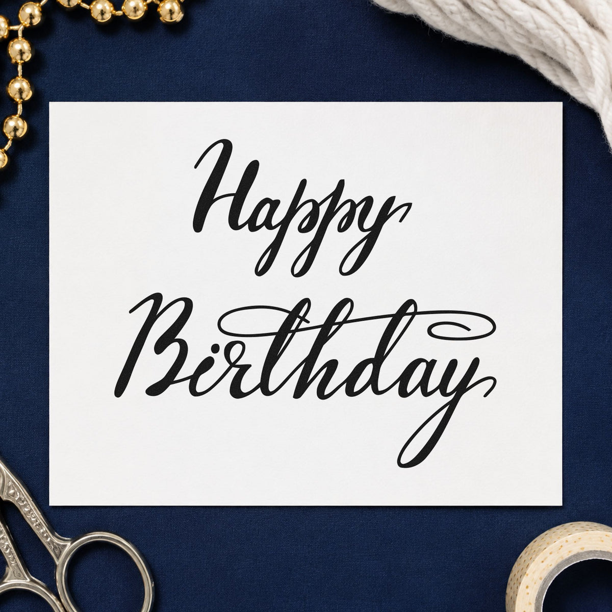 Happy Birthday Elegant Flourish craft stamp in black ink on cardstock, an easy option for formal night album page.