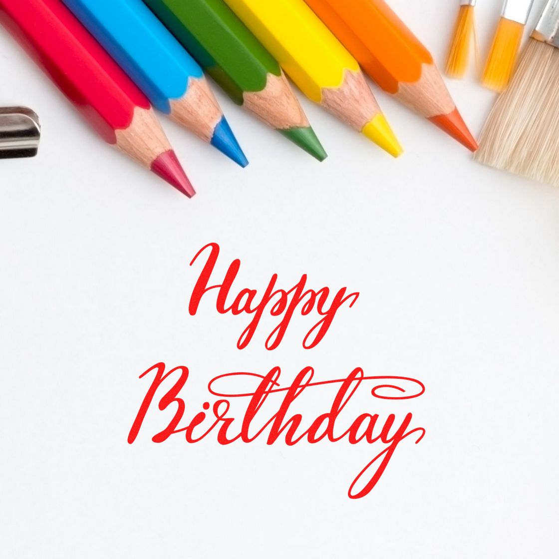Red Happy Birthday stamp and seal design with colorful pencils and brushes on a white background.