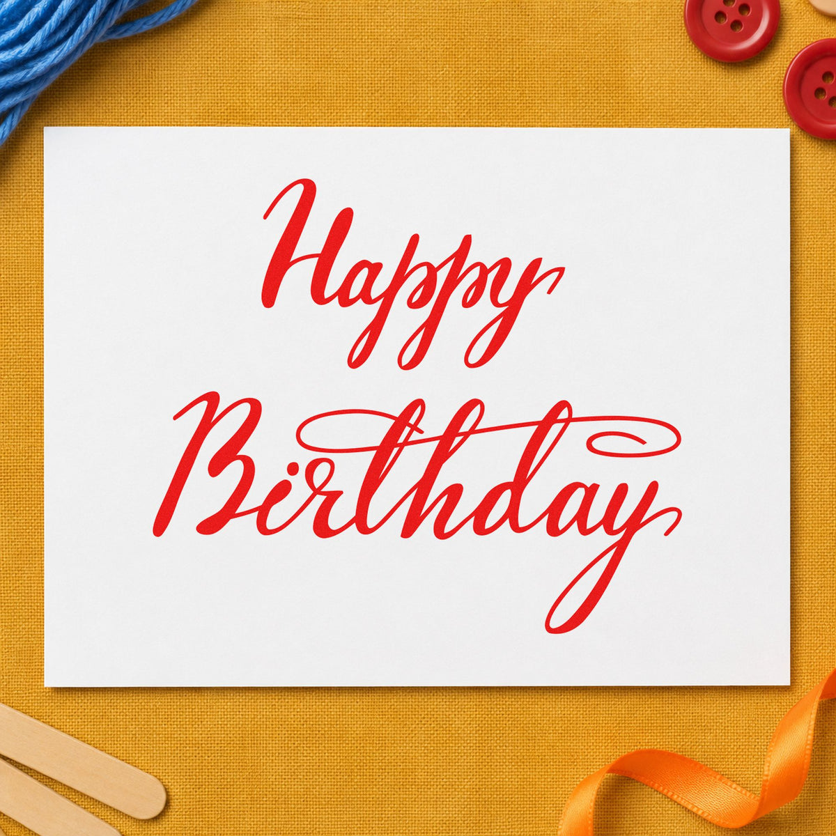 Happy Birthday Elegant Flourish rubber stamp shown in red ink, stamped for projects such as crate decor labels.