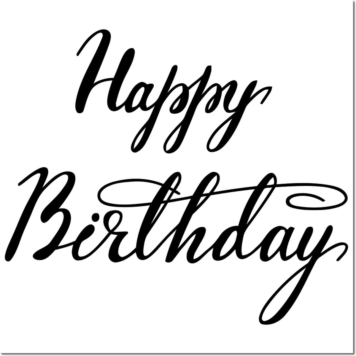 Black cursive Happy Birthday stamp and seal design in bold black on a white background.
