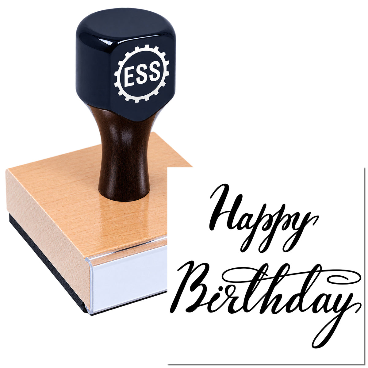 Black ESS stamp and seal on a copper-toned block with a "Happy Birthday" script impression