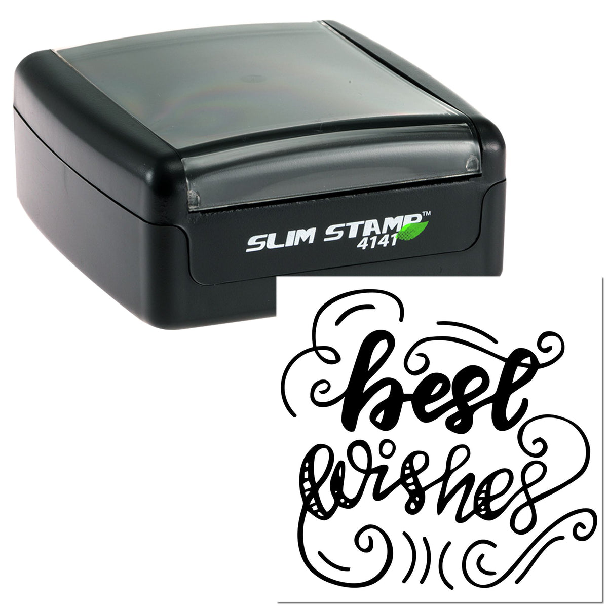 Black and gray Slim Stamp 4141 self-inking stamp with decorative black beef wishes seal script
