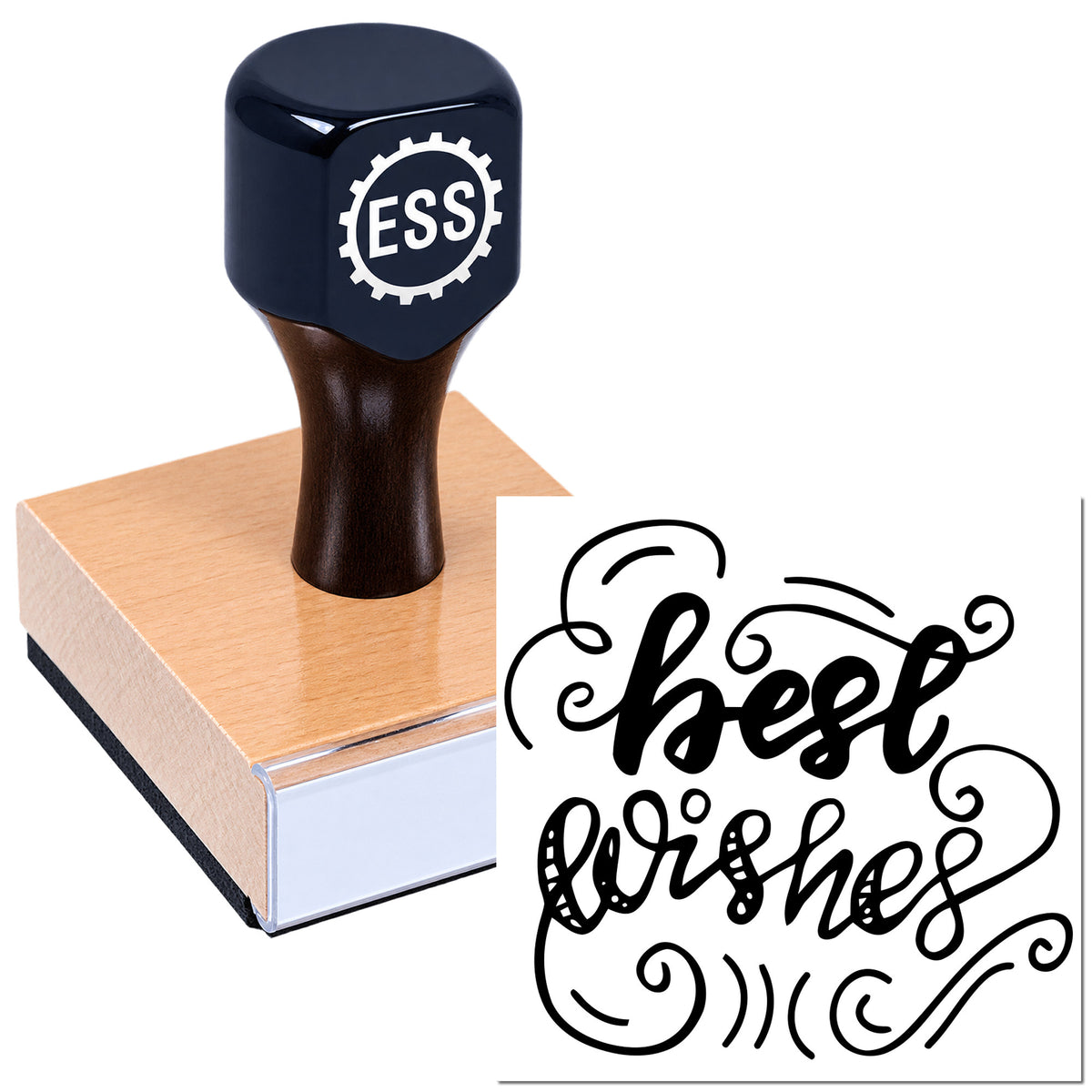 Black custom stamp with ESS seal on a peach base, beside an ornate black "best wishes" seal design.