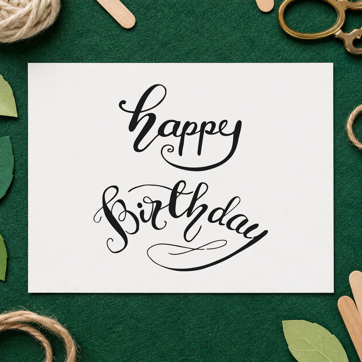 Happy Birthday Curved Script craft stamp in black ink on cardstock, an easy option for guest book album page.