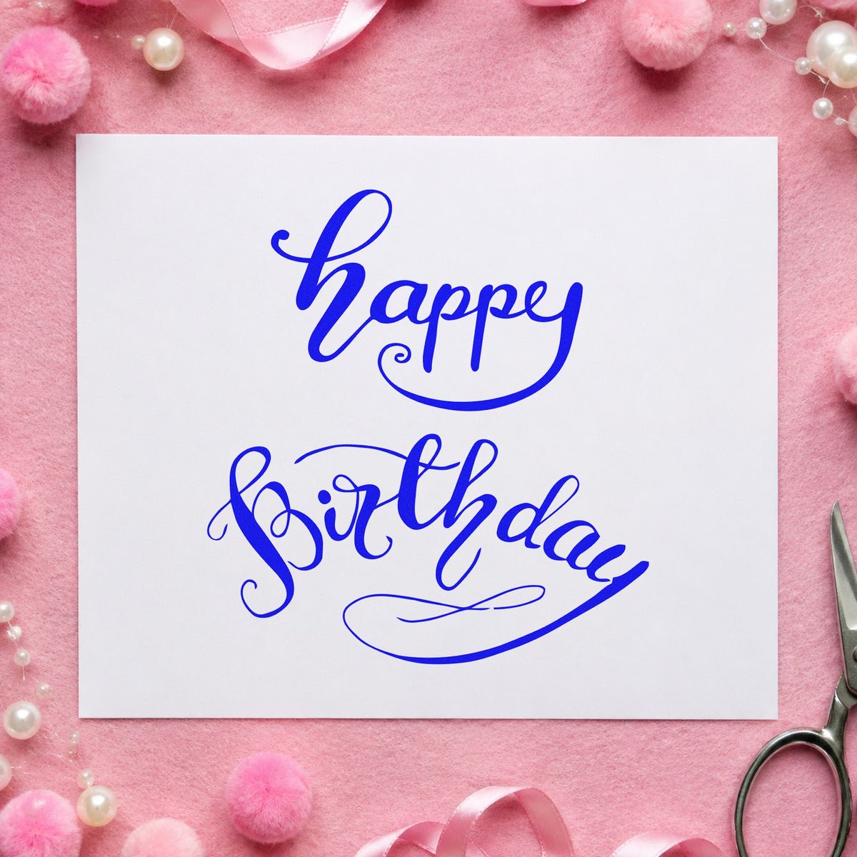 Happy Birthday Curved Script craft stamp imprinted in blue ink on paper, a design suited to framed signing table.