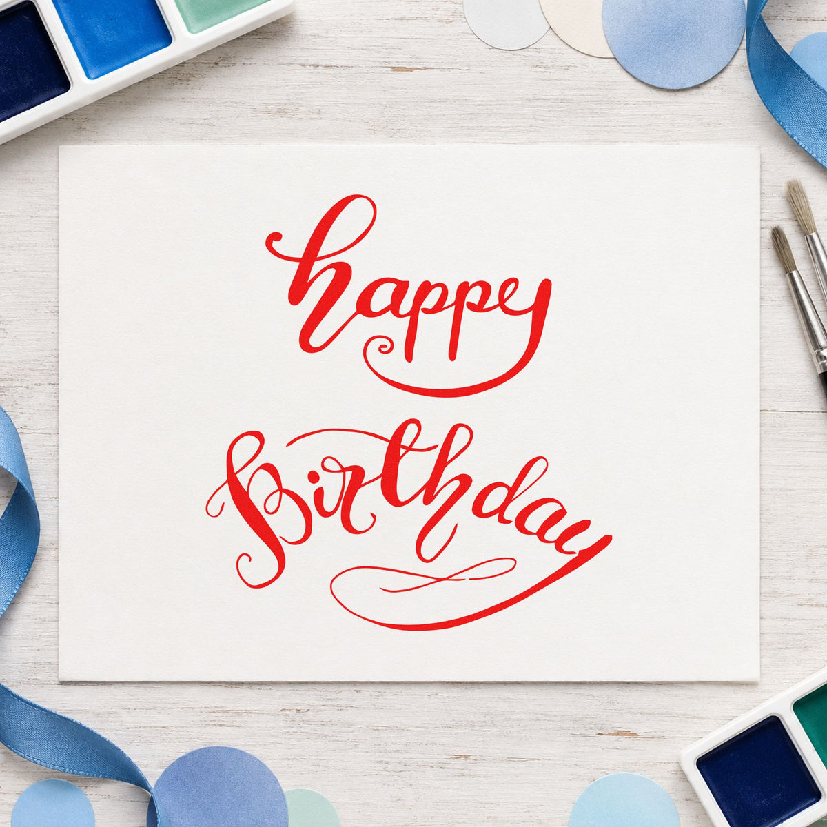 Happy Birthday Curved Script rubber stamp shown in red ink, stamped for projects such as bin pen labels.