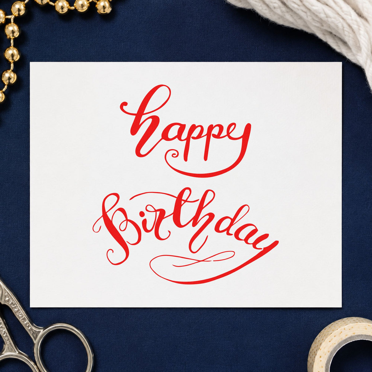 Happy Birthday Curved Script craft stamp imprint in red ink on a handmade project, one idea being prompt question cards.